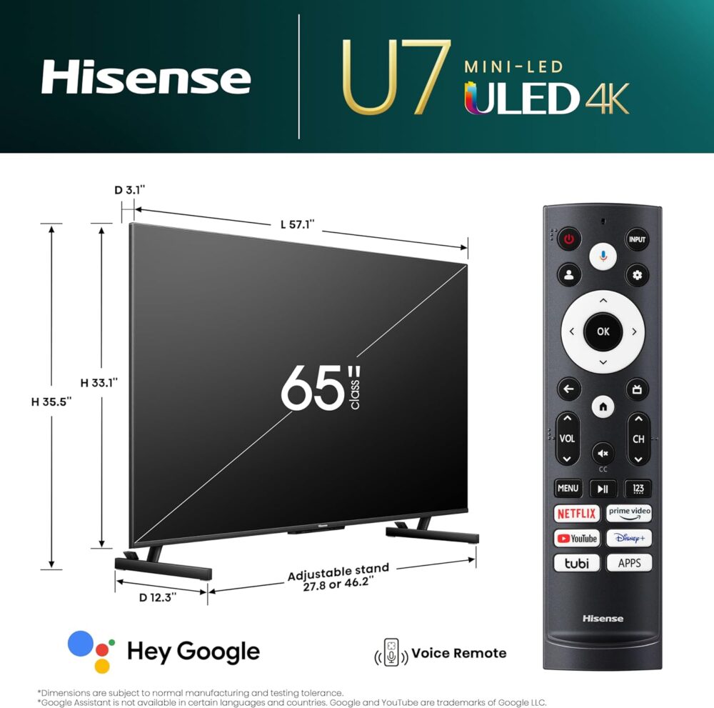 Brand New Hisense 65-Inch Class U7 Series Mini-LED ULED 4K UHD Google Smart TV